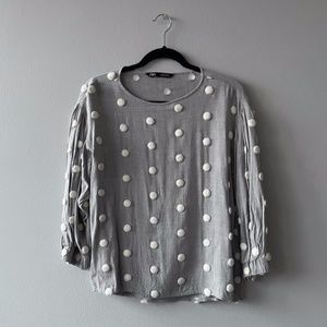 New ZARA Grey White Pom Pom Tunic Blouse L